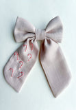 Hand Embroidered Sailor Bow - Candy Canes (on alligator clip)