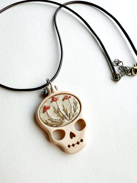 Hand Embroidered Wooden Skull Pendant