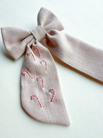 Hand Embroidered Sailor Bow - Candy Canes (on alligator clip)