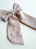 Hand Embroidered Sailor Bow - Candy Canes (on alligator clip)