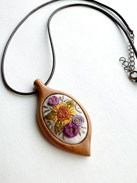 Hand Embroidered Wooden Leaf Pendant