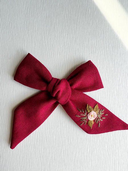 Hand Embroidered Bow - Large Hand Tied - Rose