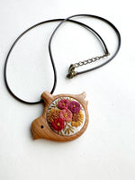 Hand Embroidered Wooden Bird Pendant