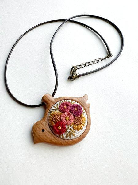 Hand Embroidered Wooden Bird Pendant