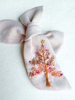 Chunky Hand Embroidered Bow - Pink Linen - Christmas Tree (w/bead&sequin detail)