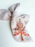 Chunky Hand Embroidered Bow - Pink Linen - Christmas Tree (w/bead&sequin detail)