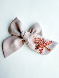 Chunky Hand Embroidered Bow - Pink Linen - Christmas Tree (w/bead&sequin detail)