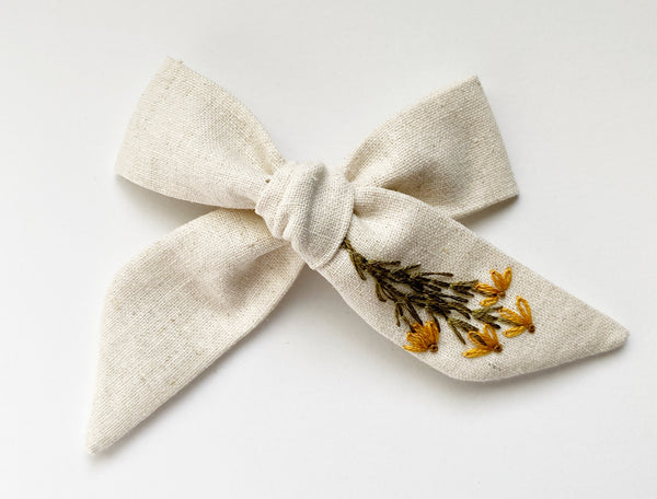 Hand Embroidered Bow - Large Hand Tied - Flowers