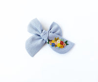 Hand Embroidered Bow - Chunky - Pale Blue - Roses