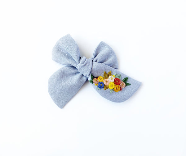 Hand Embroidered Bow - Chunky - Pale Blue - Roses