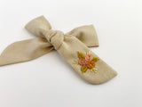 Hand Embroidered Bow - School Girl - Tan - Rose Bunch