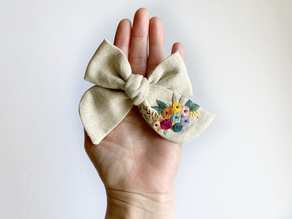 Hand Embroidered Rose Bunch - Chunky Hand Tied Bow