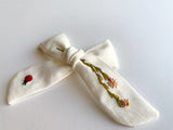 Hand Embroidered Bow - School Girl - White - Wildflower + Ladybug