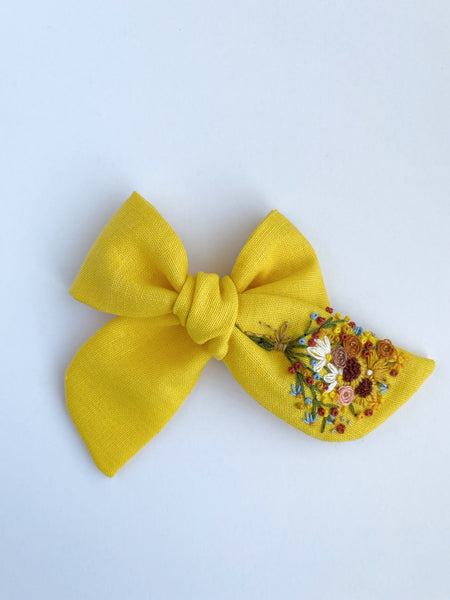 Hand Embroidered Bow - Chunky- Yellow-  Wildflowers