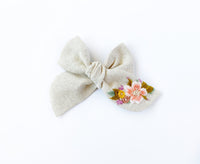 Hand Embroidered Bow - Chunky - Natural - Pink Floral Bunch