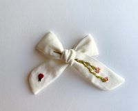Hand Embroidered Bow - School Girl - White - Wildflower + Ladybug