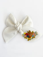 Hand Embroidered Bow - Chunky - White - Floral Bunch