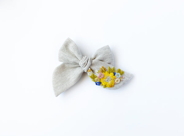 Hand Embroidered Bow - Chunky - Flax - Yellow Floral Bunch