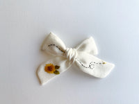Hand Embroidered Bow - School Girl - White - Sunflower + Bee