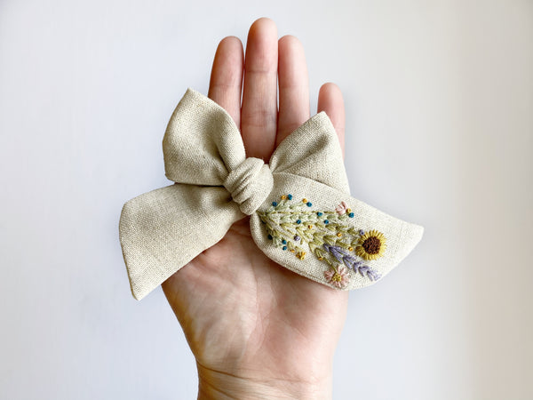 Hand Embroidered Wildflowers - Chunky Hand Tied Bow