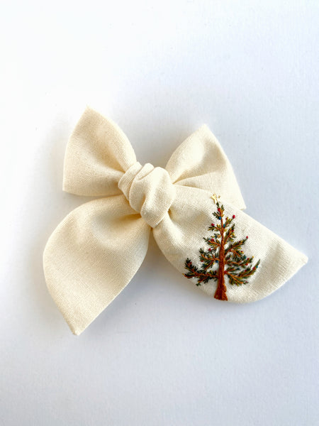 Hand Embroidered Bow - Chunky - Christmas Tree (w/stitched on Christmas balls & star sequin detail)