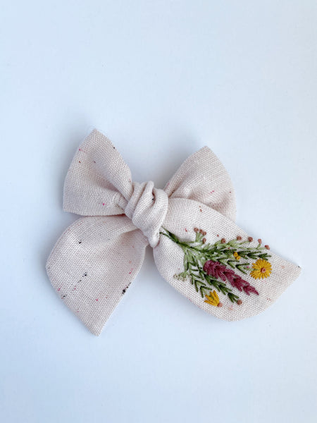Hand Embroidered Bow - Chunky - Pink Confetti- Wildflowers