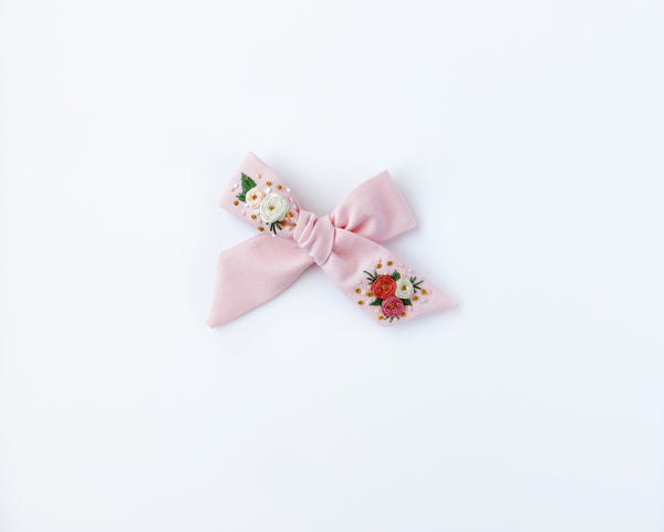 Hand Embroidered Bow - Large Hand Tied - Pink w/roses
