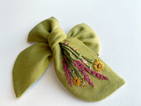 Hand Embroidered Bow - Chunky - Green - Wildflowers