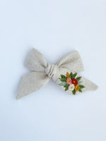 Hand Embroidered Bow - Large Hand Tied - Natural- Floral Bunch