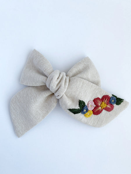 Hand Embroidered Bow - Chunky - Natural-  Floral Bunch