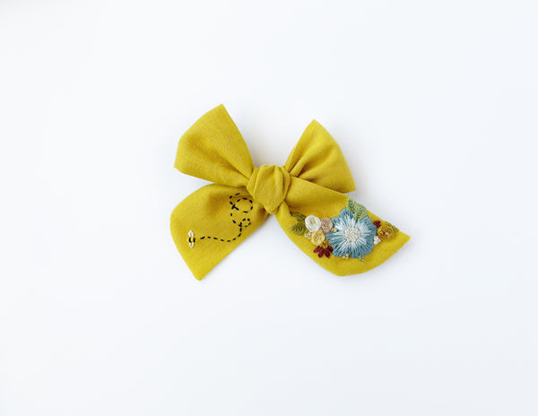 Hand Embroidered Bow - Chunky - Mustard Yellow Floral Bunch w/bee