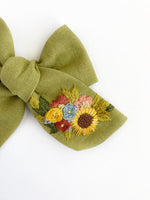 Hand Embroidered Bow - Chunky - Green - Sunflower & Roses
