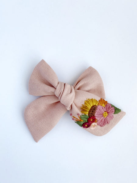Hand Embroidered Bow - Chunky- Pink -  Floral Bunch