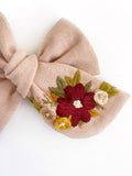 Hand Embroidered Bow - Chunky - Pink - Deep Red Floral Bunch