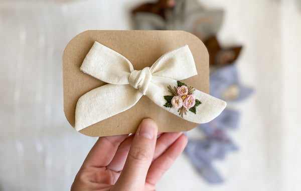 Hand Embroidered Rose Buds on Ivory - Oversized School Girl Bow
