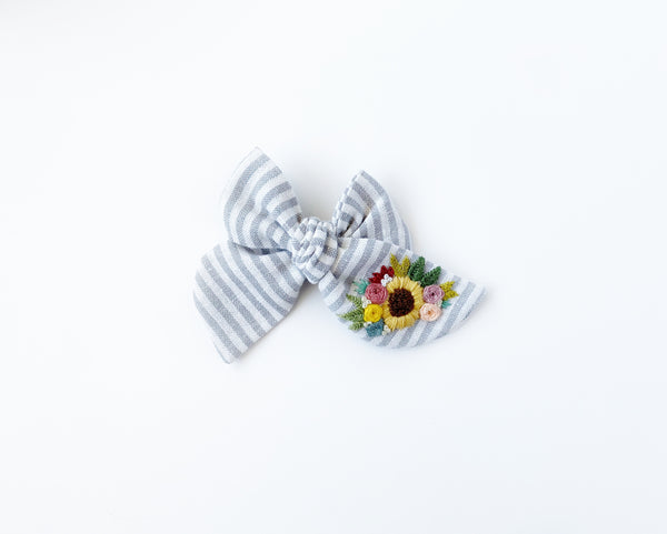 Hand Embroidered Bow - Chunky - Pale Blue/Gray Stripe Floral Bunch