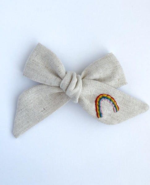 Hand Embroidered Bow - Large Hand Tied - Rainbow