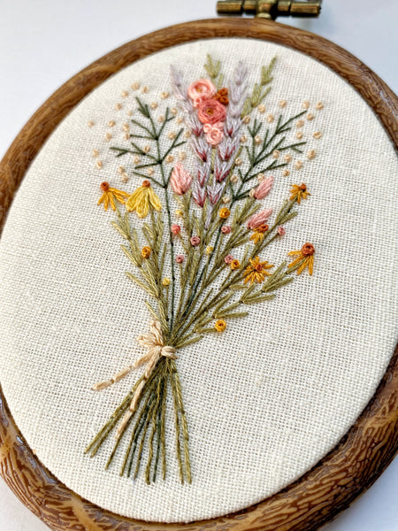 Hand Embroidered 3x4 inch Faux Wood Hoop - Wildflowers