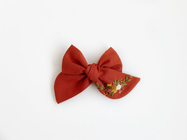 Hand Embroidered Bow - Chunky - Paprika  - Floral + Pumpkins