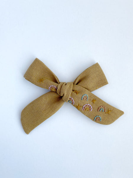 Hand Embroidered Bow - School Girl - Toffee - Rainbows