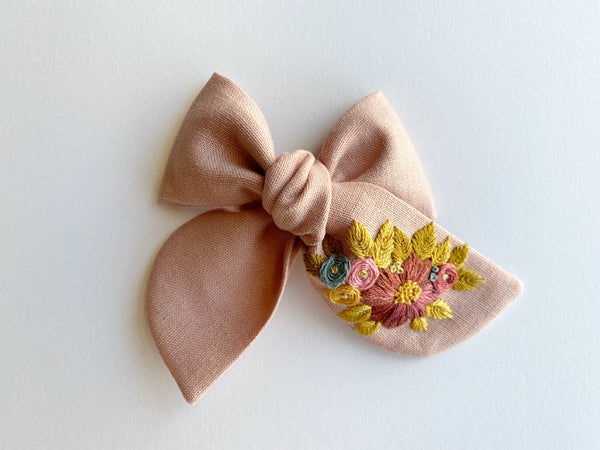 Hand Embroidered Bow - Chunky - Pink - Floral Bunch
