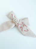 Hand Embroidered Bow - Large Hand Tied - Light Pink - Pink & White Candycanes