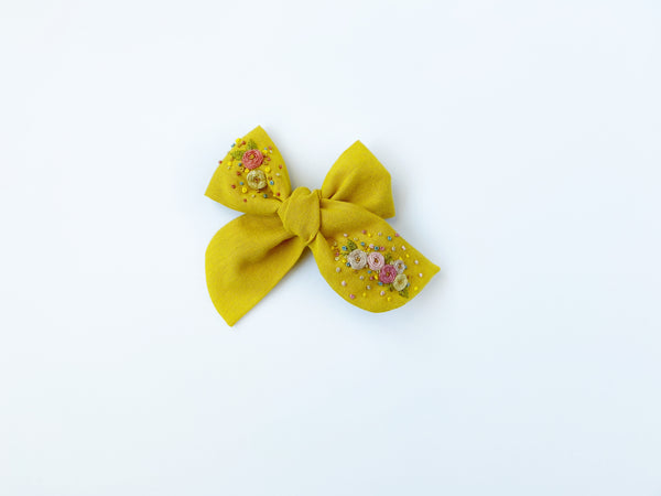 Hand Embroidered Bow - Chunky - Mustard Yellow - Roses + Floral Confetti