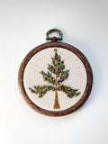 Hand Embroidered 3.5in Faux Wood Hoop - Christmas Tree (w/bead and sequin star detail)