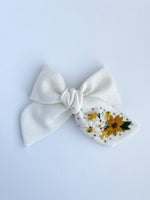 Hand Embroidered Bow - Chunky- White-  Floral Bunch