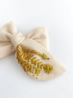 Hand Embroidered Golden Floral- Chunky Hand Tied Bow