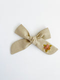 Hand Embroidered Bow - School Girl - Tan - Rose Bunch