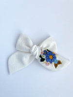 Hand Embroidered Bow - Chunky- White -  Floral Bunch