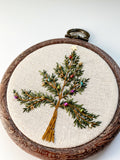 Hand Embroidered 3.5in Faux Wood Hoop - Christmas Tree (w/bead and sequin star detail)