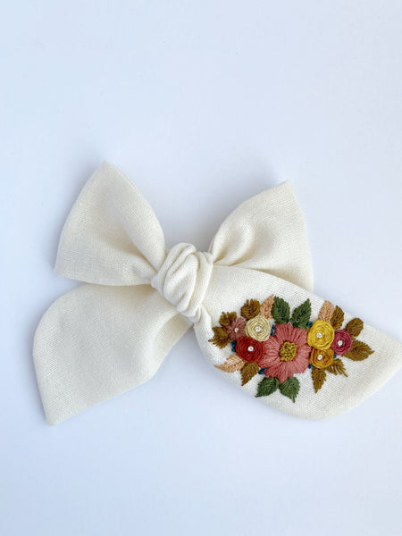 Hand Embroidered Bow - Chunky - White-  Floral Bunch